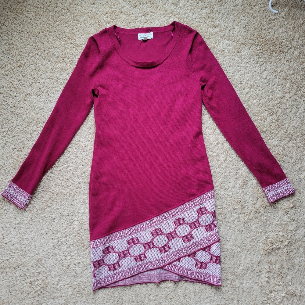 Cloud Chaser Red Aztec Trim Sweater Dress Medium